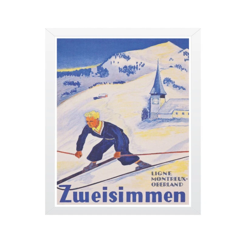 تابلو مدل مسافرتی قدیمی چاپ Zweisimmen هنر اسکی سوئیس