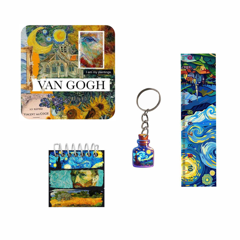 بسته لوازم تحریر مدل 4 تکه چوبی طرح ونگوگ کد 3 مجموعه 6 عددی