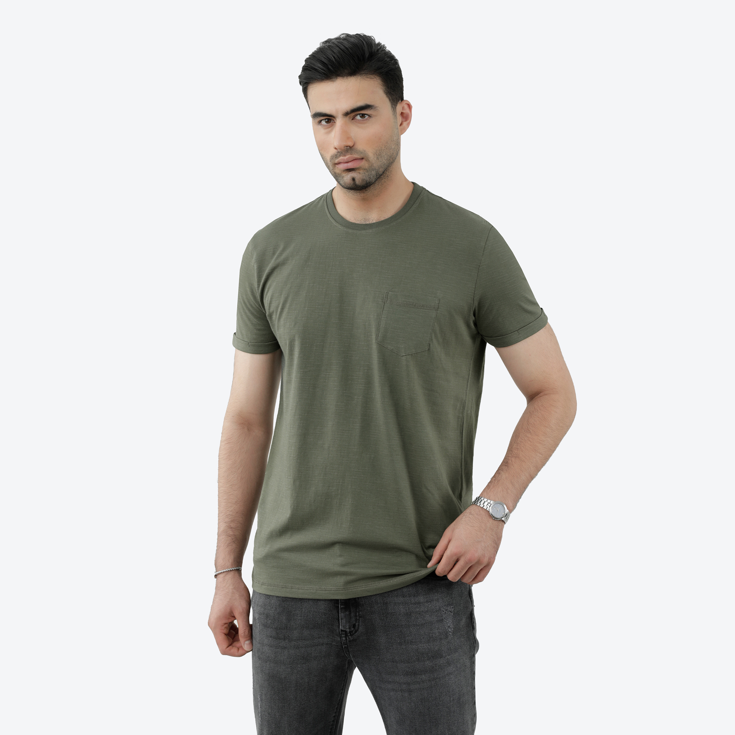 تی شرت آستین کوتاه مردانه پاتن جامه مدل 131621020110303 رنگ سبز تیره