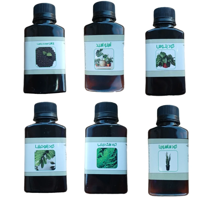 کود مایع پتاس و امینو اسید و پتوس و جلبک دریایی و زاموفیلیا و سانسوریا مدل life drop حجم 110 میلی لیتر بسته 6 عددی