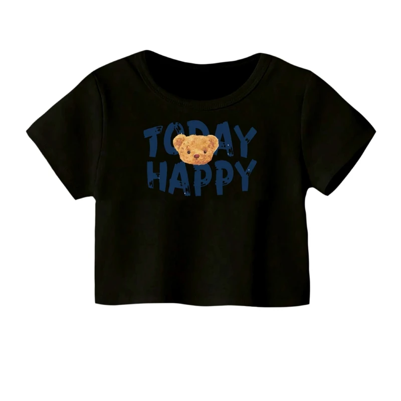 کراپ‌ تی‌شرت آستین کوتاه زنانه مدل تدی خوشحال