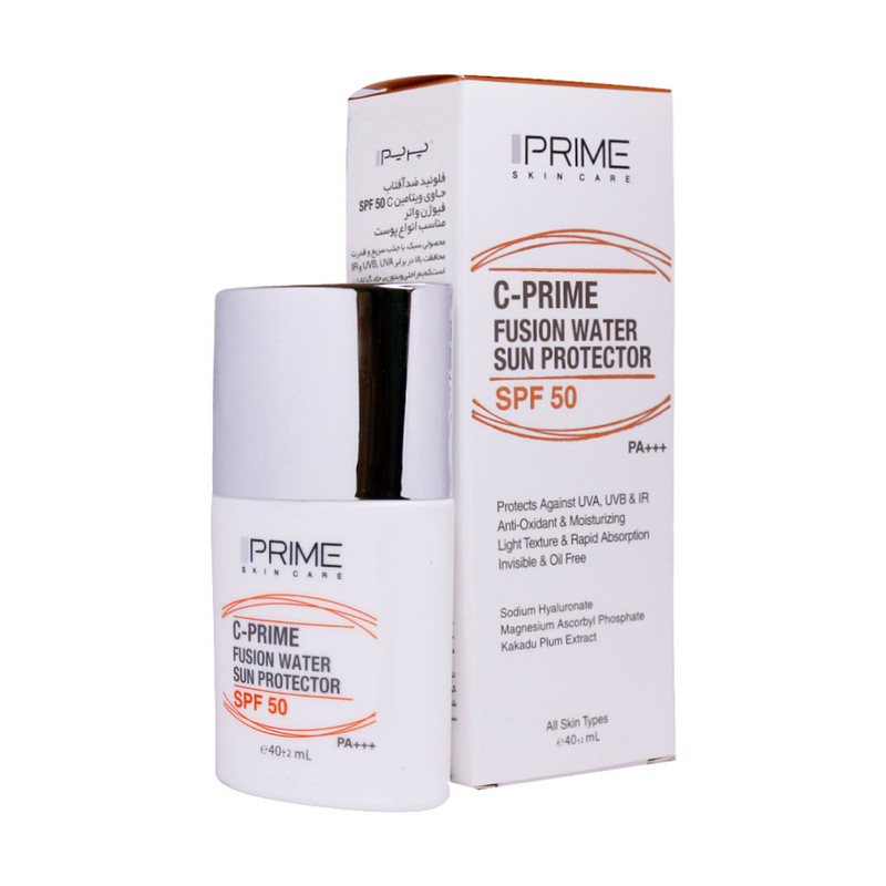 فلوئید ضد آفتاب بدون رنگ پرایم SPF50 مدل C-Prime Fusion Water محافظ UVA ،UVB و +++PA، ضد جوش و آکنه، ضد حساسیت مناسب انواع پوست حجم 40 میلی‌لیتر