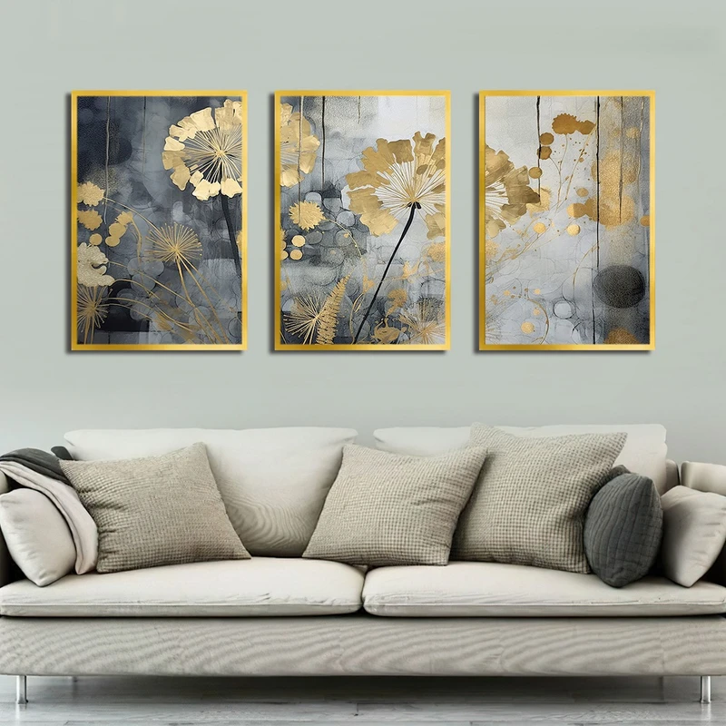 تابلو بکلیت طرح نقاشی قاصدک طلایی مدل T-3154 مجموعه 3 عددی