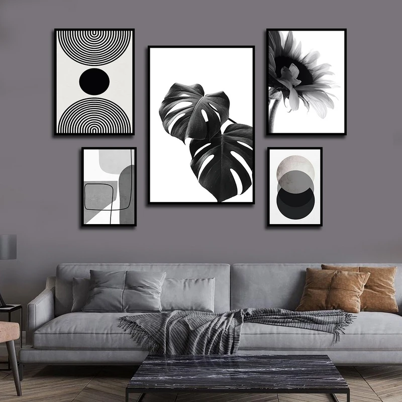 تابلو ساده بکلیت طرح نقاشی مینیمال و برگ انجیری مدل شاین اکلیلی B-2661 فریم مشکی مجموعه 5 عددی