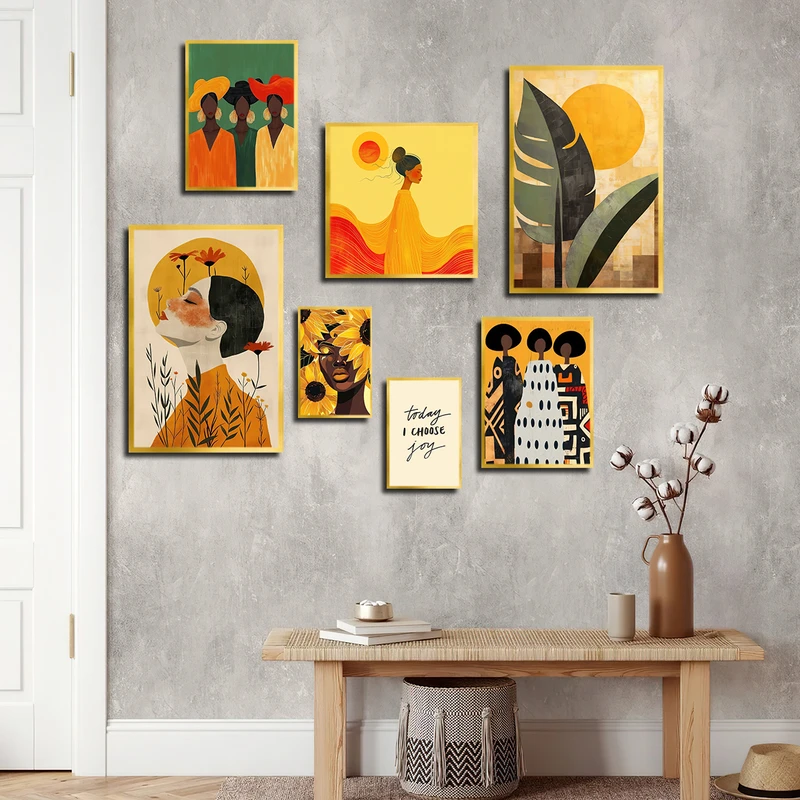 تابلو بکلیت طرح نقاشی چهره و برگ انجیری و گل آفتابگردان مدل T-3378 فریم طلایی مجموعه 7 عددی