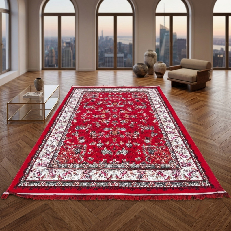 فرش ماشینی 440 شانه نگین تار مشهد زمینه لاکی حاشیه سفید کرم لاکی مدل افشون 5461