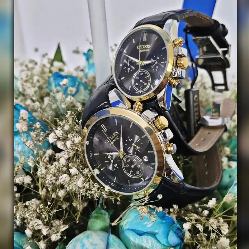 ست ساعت مچی عقربه ای  زنانه و مردانه سیتی زن مدل سه موتور فعال کورنوگراف_چرمی_قاب استیل