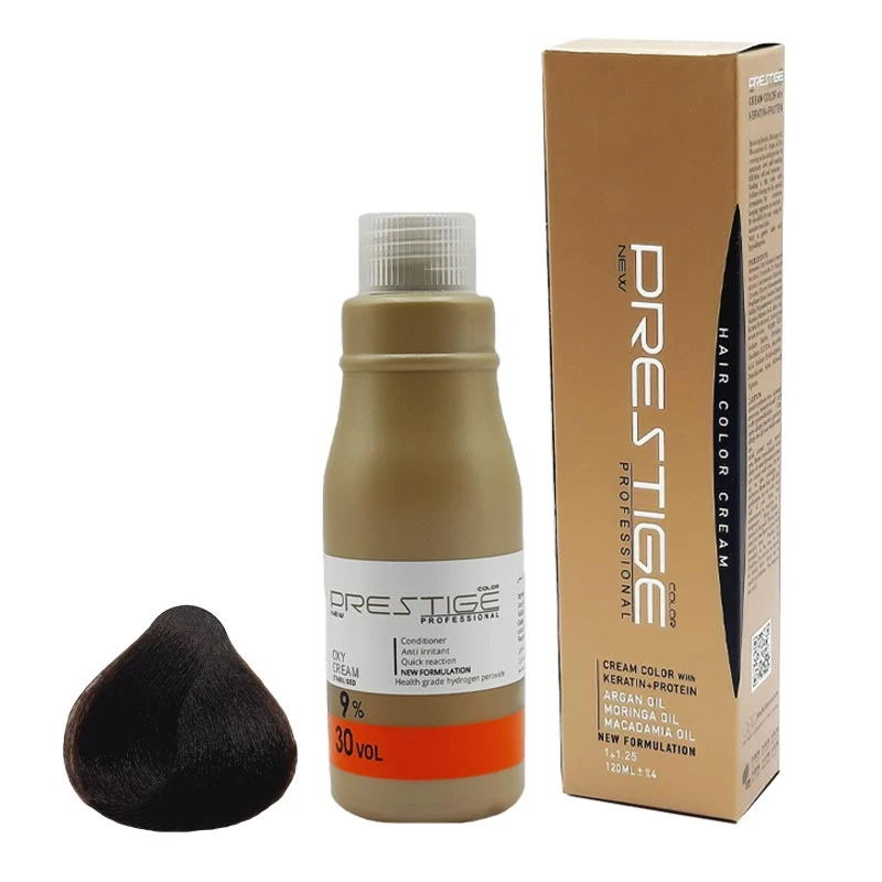 رنگ مو نیو پرستیژ کالر شماره 4.00 حجم 120 میلی لیتر رنگ قهوه ای اکسترا به همراه اکسیدان مدل 2 نه درصدی حجم 150 میلی لیتر