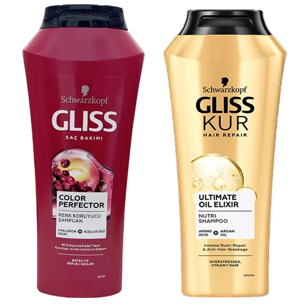 شامپو تقویت کننده مو گلیس مدل dfrt حجم 400 میلی لیتر به همراه شامپو تثبیت کده رنگ مو گلیس مدل hgfyg