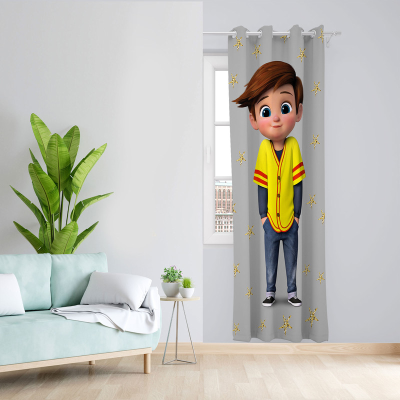  پرده کودک مدل پسر لباس زرد مخمل پانچی کد 4754 سایز 140x280 سانتی متر 
