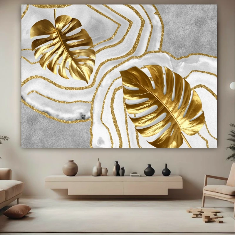 تابلو بوم طرح مخمل برگ فانتزی طلا کد FP105562