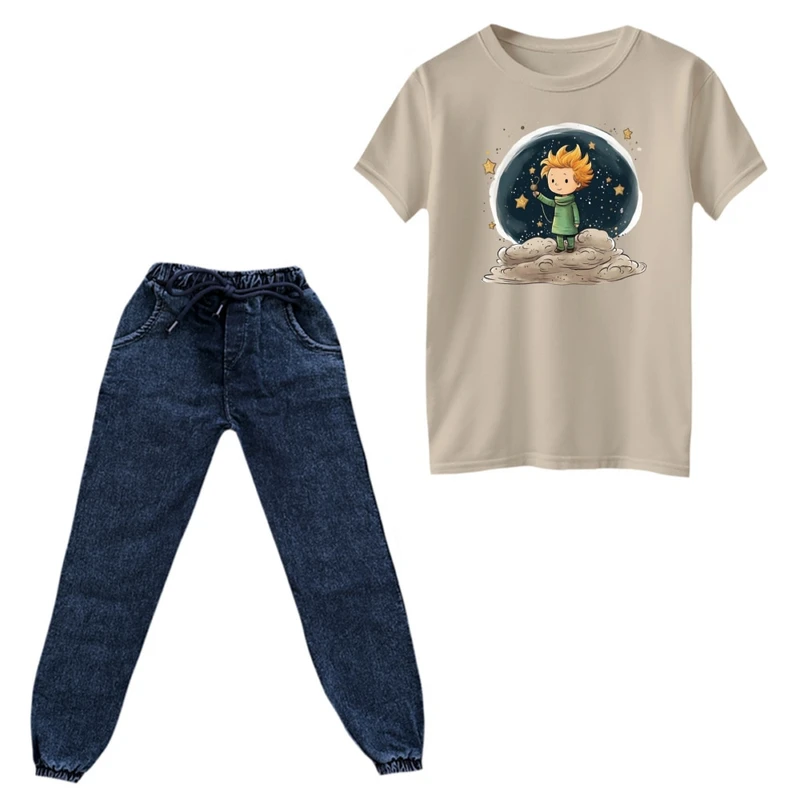 ست تی‌شرت و شلوار پسرانه مدل شازده کوچولو  و ستاره رنگ کرم