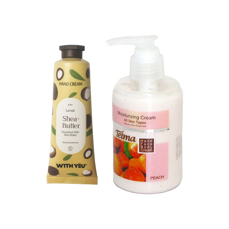 کرم آبرسان و مرطوب کننده تلما مدل هلو حجم 200 میلی لیتر به همراه کرم مرطوب کننده ویت یو مدل Shea Butter حجم 50 میلی لیتر 