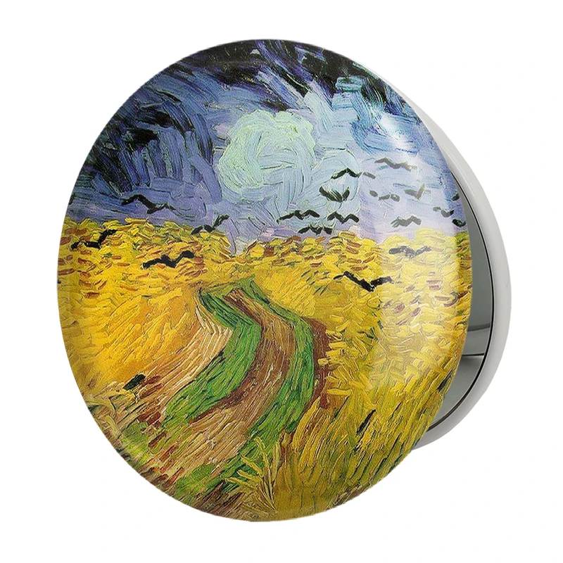 آینه جیبی خندالو طرح نقاشی گندم زار با کلاغ ها اثر ونسان ونگوگ مدل تاشو کد 25461 