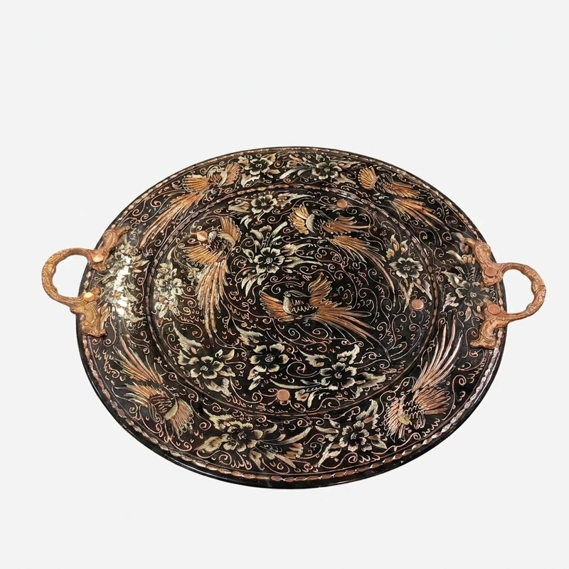 سینی مسی مدل الماس تراش طرح گل و مرغ