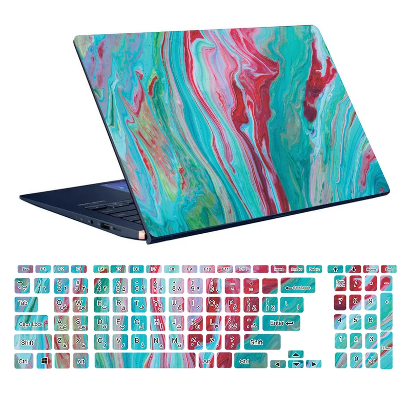 استیکر لپ تاپ توییجین و موییجین طرح Colorful کد 64 مناسب برای لپ تاپ 15.6 اینچ به همراه برچسب حروف فارسی کیبورد