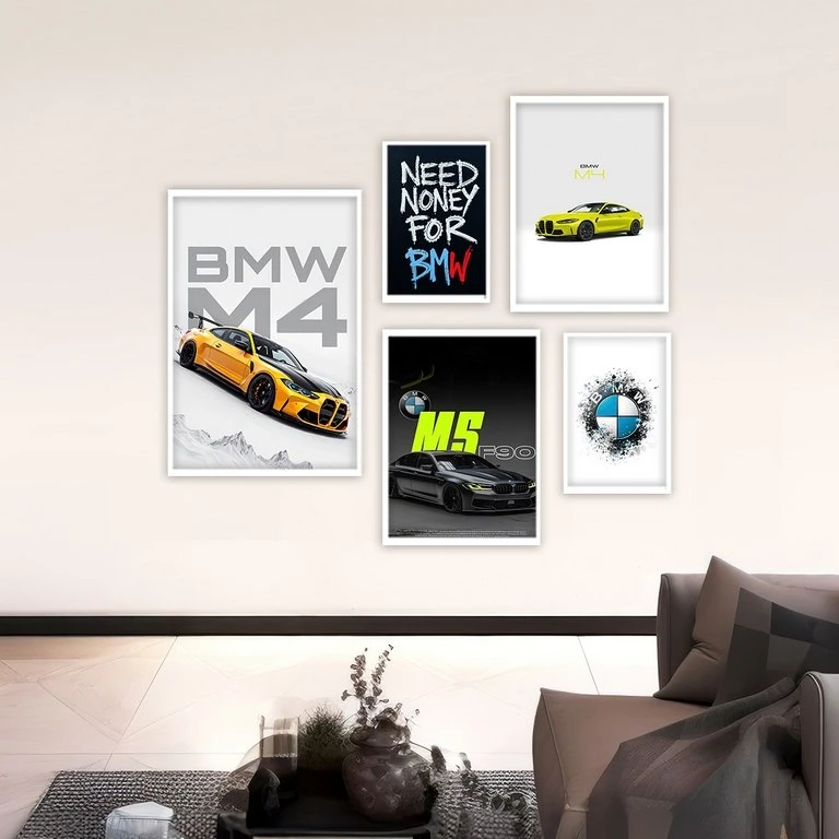 تابلو بکلیت طرح ماشین BMW M4 مدل W-4935 فریم سفید مجموعه 5 عددی