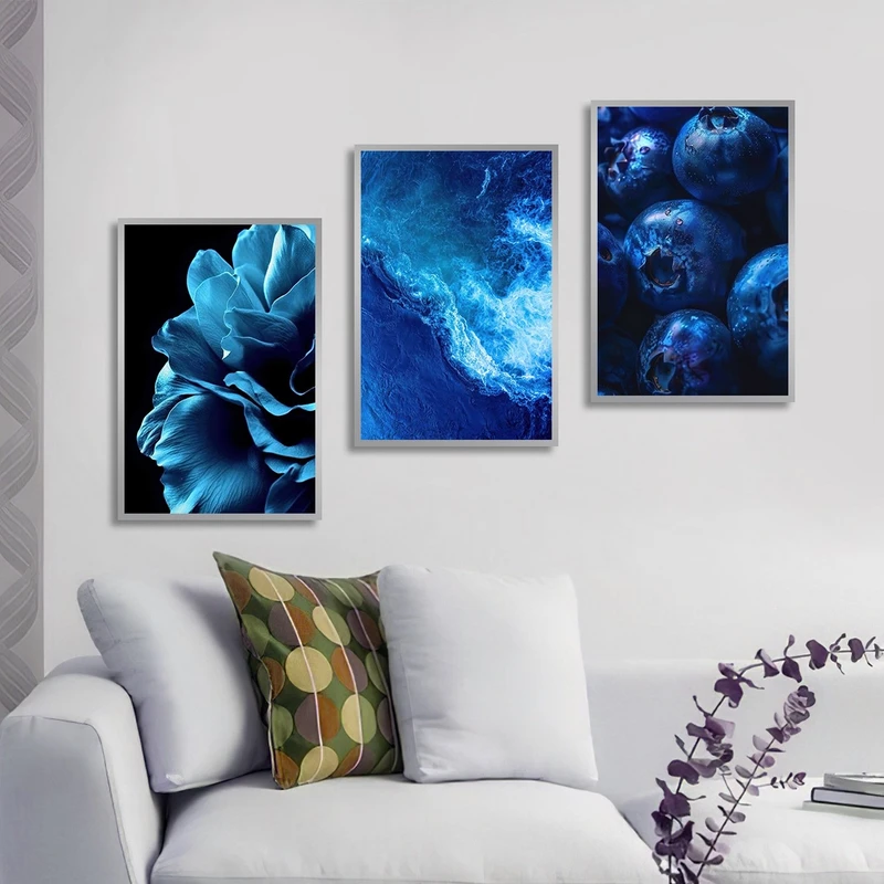 تابلو ساده بکلیت طرح دریا و بلوبری مدل شاین اکلیلی SI-3015 فریم نقره ای مجموعه 3 عددی