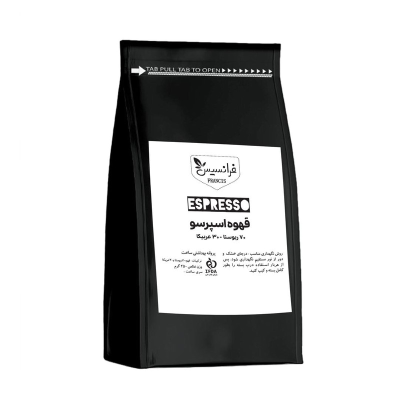 پودر قهوه اسپرسو  30% عربیکا 70% روبوستا فرانسیس - 250 گرم