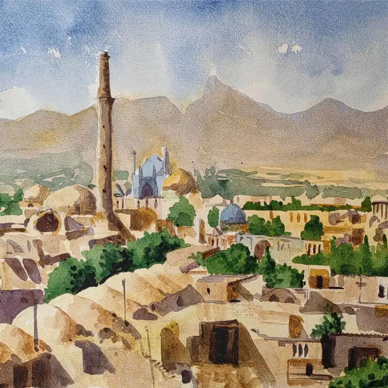 نقاشی آبرنگ طرح نمای شهر یزد کد 1039