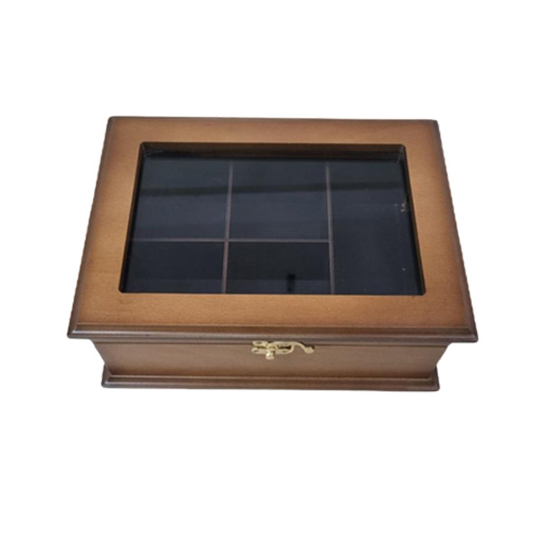جعبه دمنوش مدل چوبی درب شیشه ای قفل دار 5 خانه