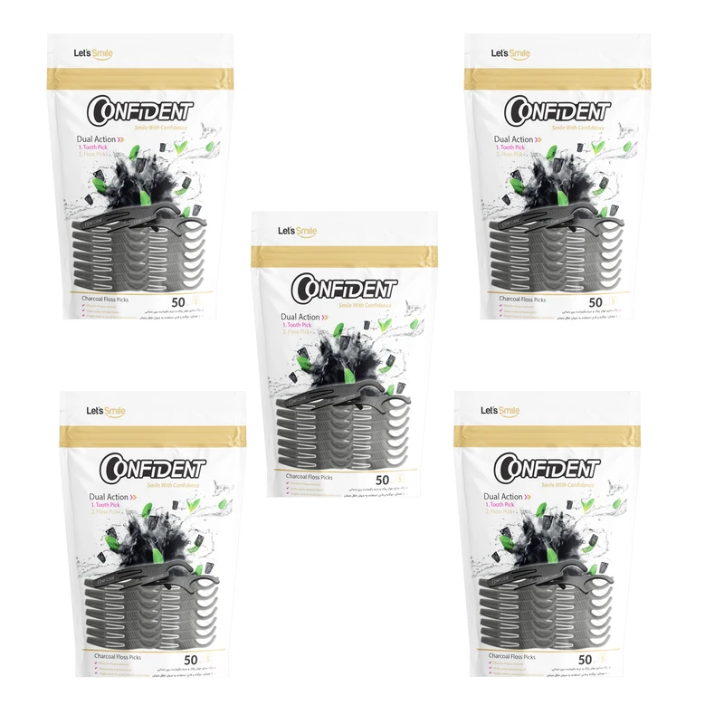 نخ دندان کانفیدنت مدل Charcoal50 پنج بسته 50 عددی