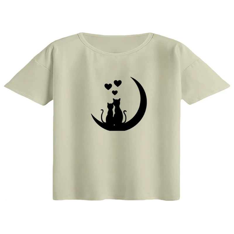 کراپ تی‌شرت آستین کوتاه زنانه مدل گربه عاشق کد 01