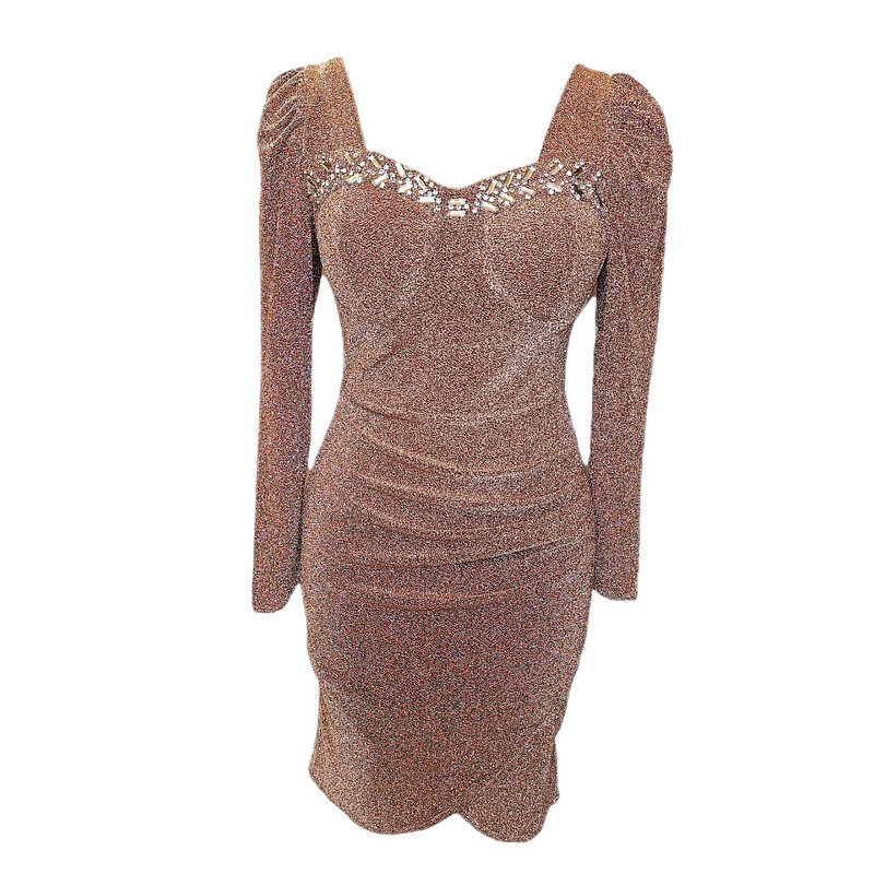 پیراهن یقه خشتی زنانه مدل میدی سنگ دوزی رنگ رزگلد