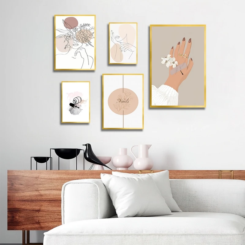 تابلو ساده بکلیت طرح مینیمال و کاشت ناخن مدل شاین اکلیلی T-2727 فریم طلایی مجموعه 5 عددی