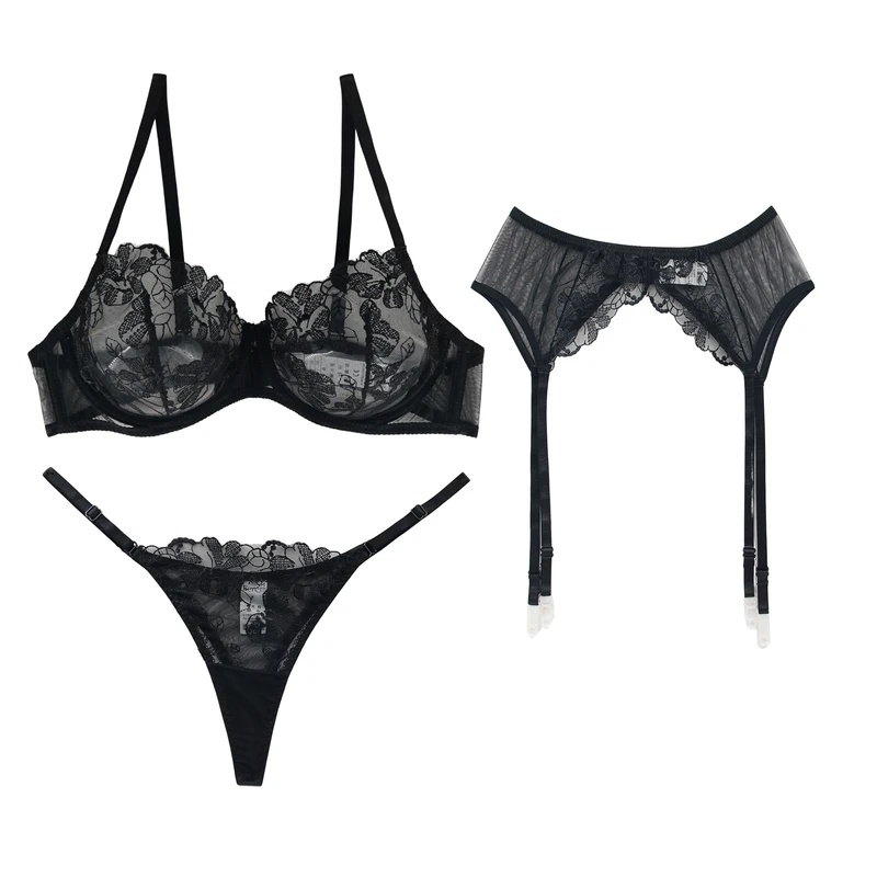 ست سوتین و شورت زنانه برتا مدل توری کد 4010MB به همراه نگهدارنده جوراب