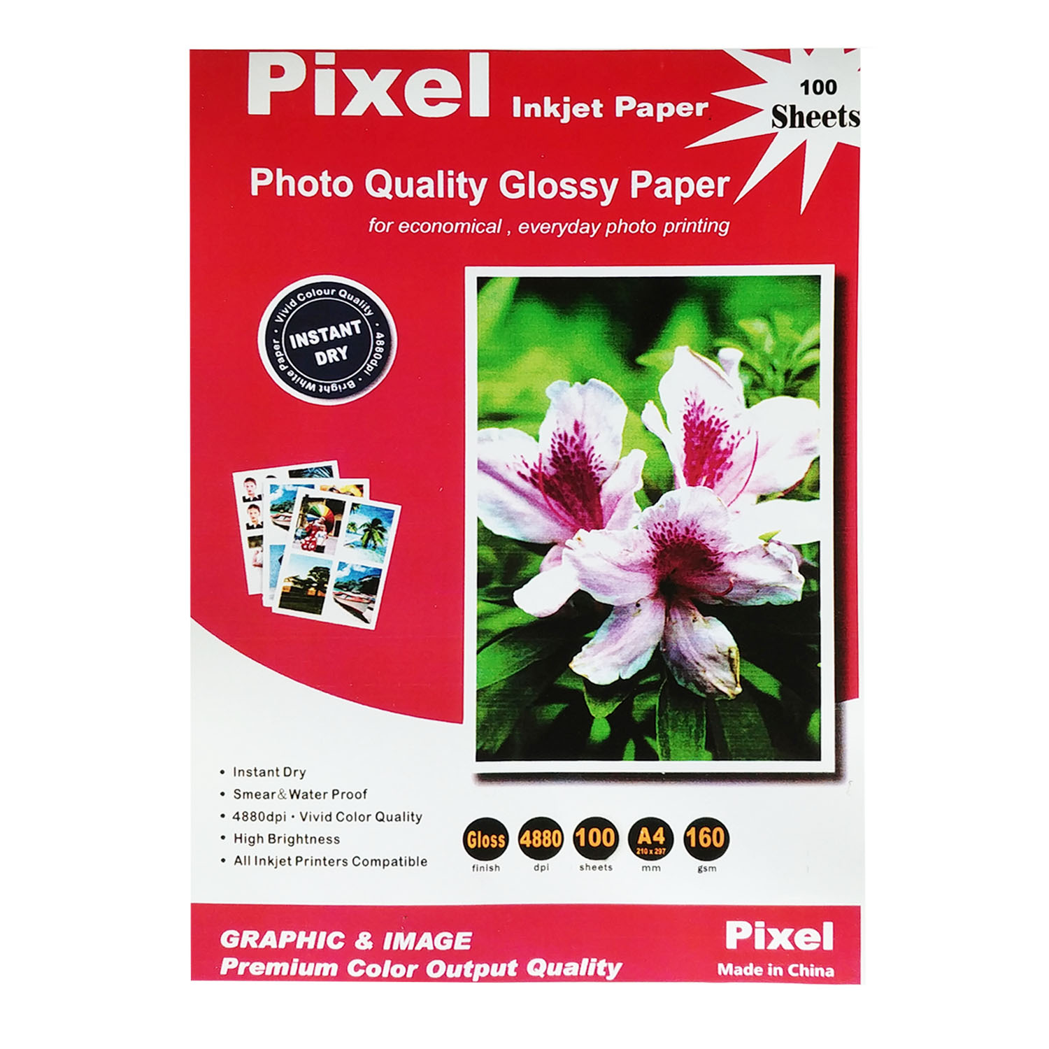  کاغذ چاپ عکس گلاسه پیکسل مدل Premium-160g سایز A4 بسته 100 عددی