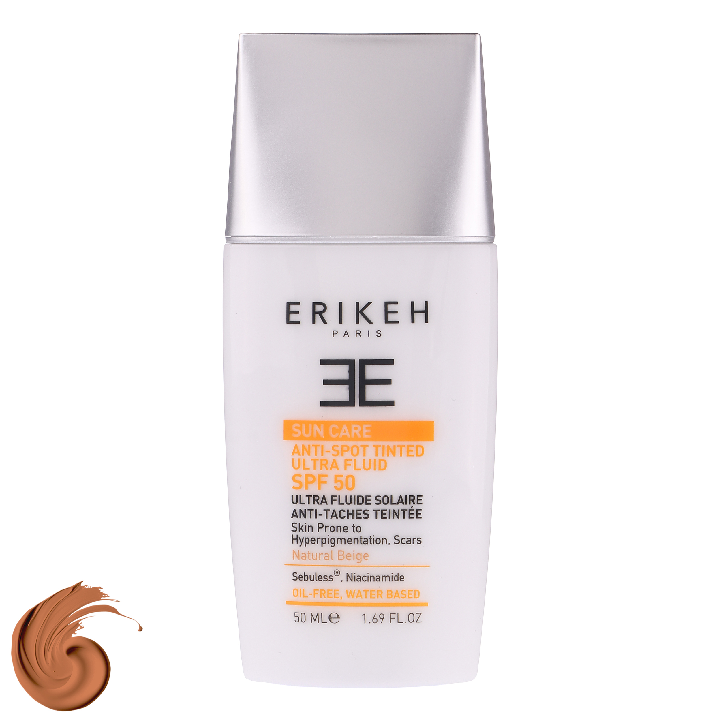 فلوئید ضد آفتاب رنگی اریکه spf 50 مدل ultra محافظ UVA ،UVB ضد لک، مناسب انواع پوست‌ حجم 50 میلی‌لیتر