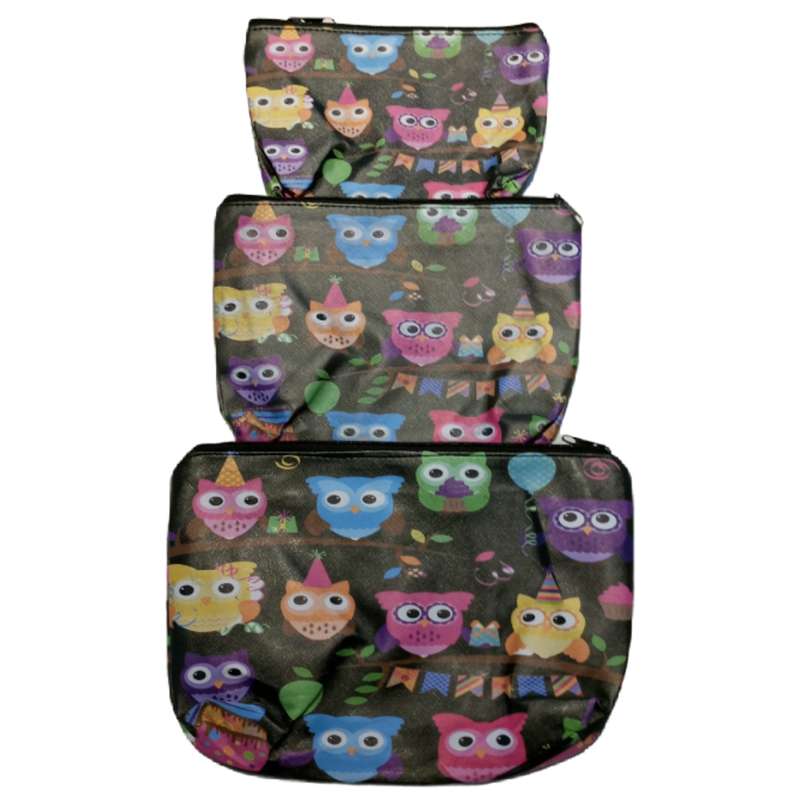 کیف لوازم آرایش زنانه مدل جغد رنگی رنگی مجموعه 3 عددی