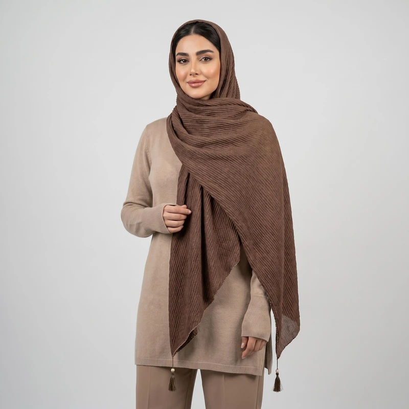 روسری زنانه مدل پلیسه نخی کرپ مزون دوز قواره بزرگ منگوله دار