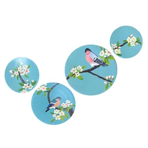 بشقاب دیوارکوب سفالی مدل پرندگان و شکوفه ها مجموعه 4 عددی