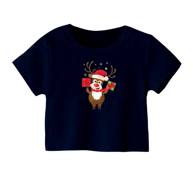 کراپ‌ تی‌شرت آستین کوتاه زنانه مدل گوزن کریسمس کد 15