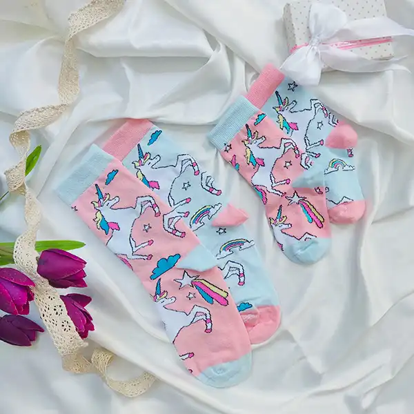 جوراب دخترانه ال سون مدل مدل مادر و کودک طرح یونیکورن کد PH712.2 مجموعه 2 عددی