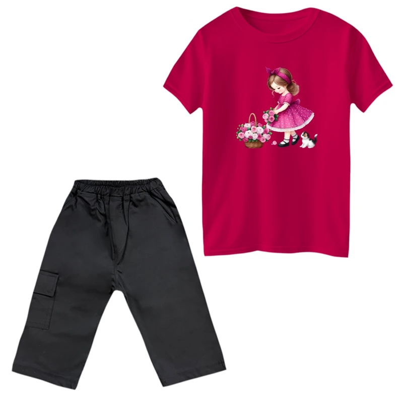 ست تی‌شرت و شلوارک دخترانه مدل دخترک و گربه