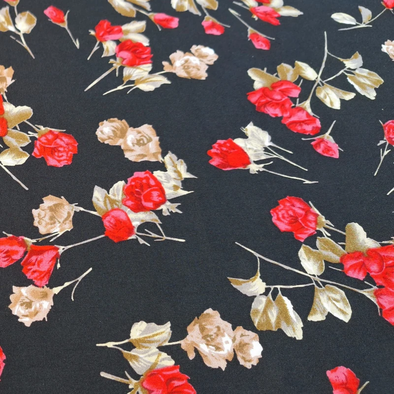 پارچه لباس عرض ۱.۵ متر مدل کودری نخی گل رز رنگ مشکی