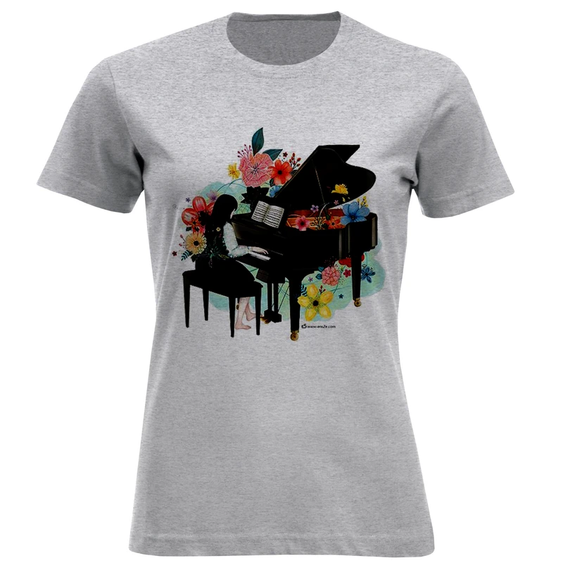 تی شرت آستین کوتاه زنانه مدل دختر و پیانو F818