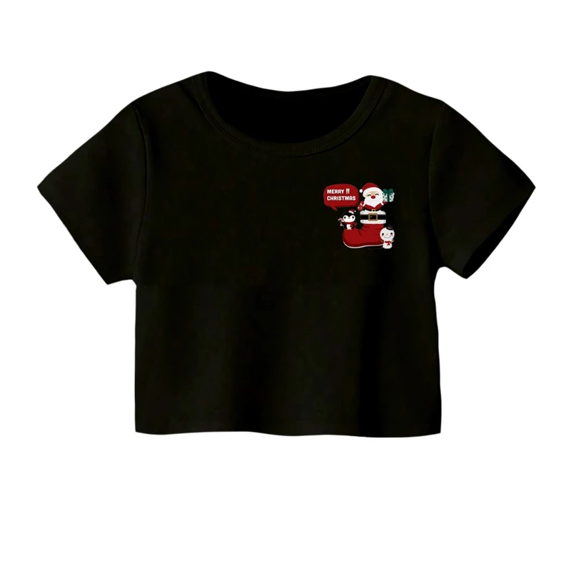 کراپ‌ تی‌شرت آستین کوتاه زنانه مدل پنگوئن کریسمس کد 3 رنگ مشکی