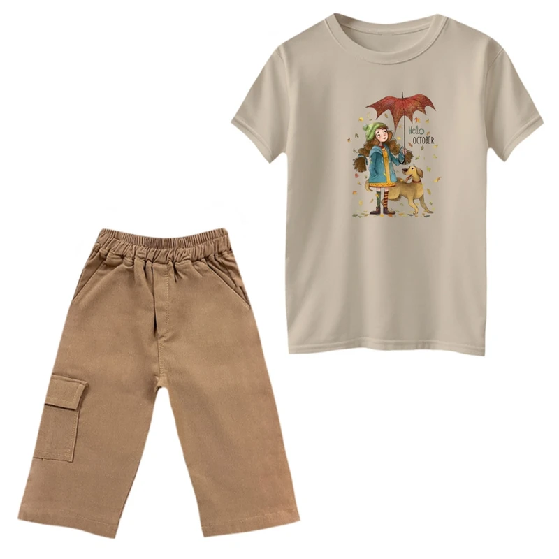 ست تی‌شرت و شلوارک دخترانه مدل دخترک و چتر