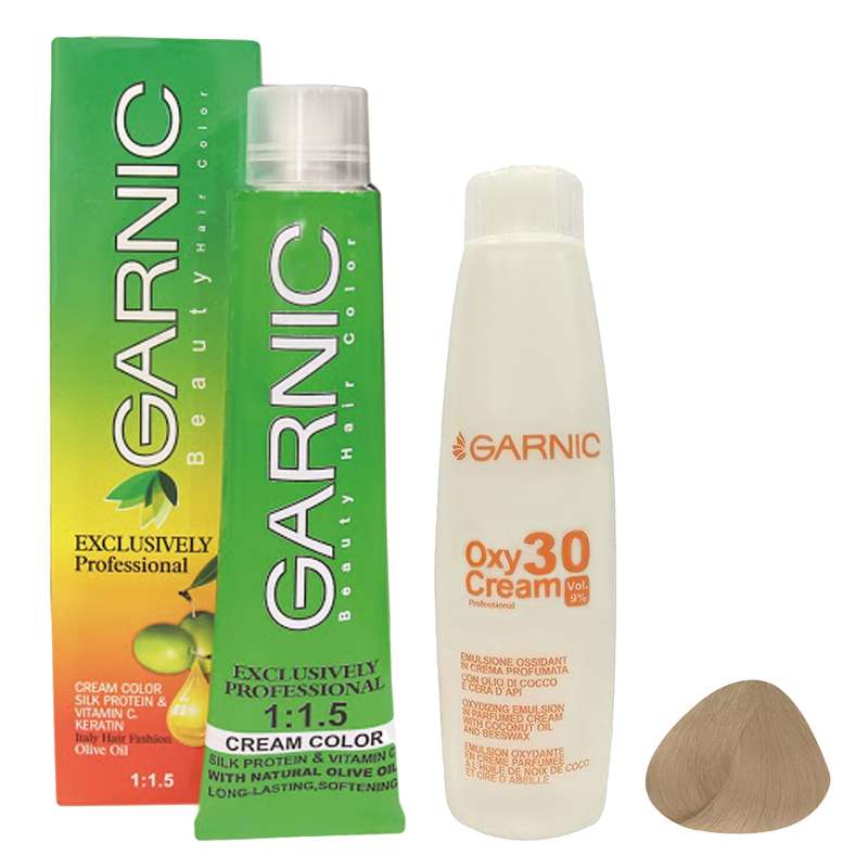 رنگ مو گارنیک شماره 9.1 حجم 120 میلی لیتر رنگ بلوند خاکستری خیلی روشن به همراه اکسیدان مدل 30vol نه درصدی حجم 180 میلی لیتر