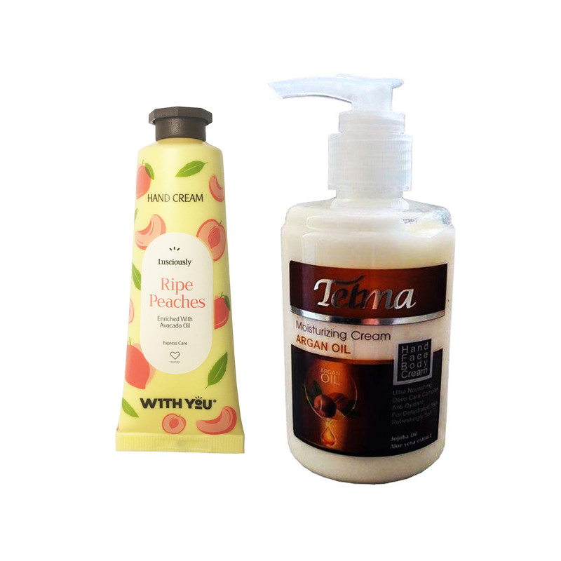 کرم آبرسان و مرطوب کننده تلما مدل آرگان حجم 200 میلی لیتر به همراه کرم مرطوب کننده ویت یو مدل Ripe Peaches حجم 50 میلی لیتر 