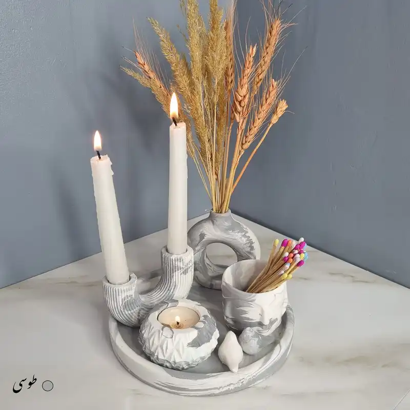 ست 5 تکه جاشمعی و گلدان بتنی طرح دونات مدل یسنا