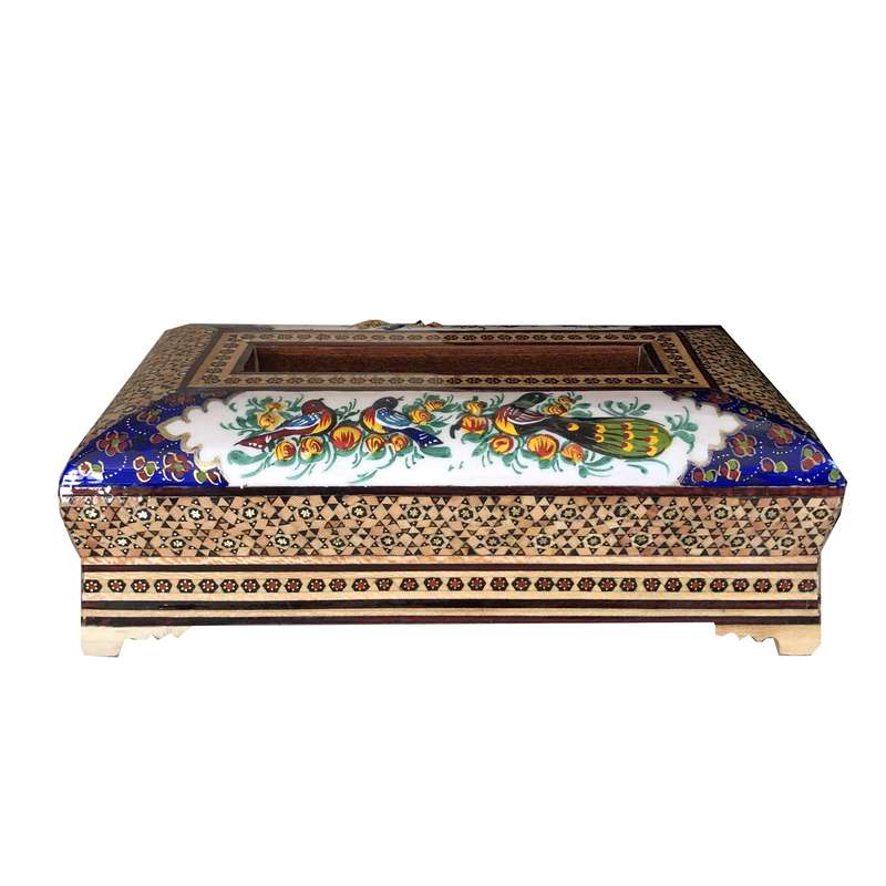 جعبه دستمال کاغذی خاتم کاری طرح گل  و مرغ کد 432