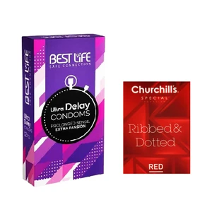 کاندوم بست لایف مدل Ultra Delay بسته 12 عددی به همراه کاندوم چرچیلز مدل Hot Gel بسته 3 عددی