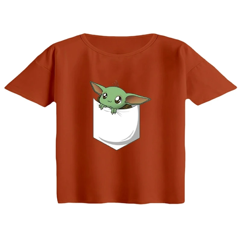 کراپ تی‌شرت آستین کوتاه زنانه مدل بیبی یودا جیبی