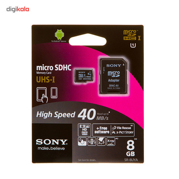 کارت حافظه microSDHC سونی مدل SR-8UYA کلاس 10 استاندارد UHS-I U1 سرعت 40MBps به همراه آداپتور SD ظرفیت 8 گیگابایت