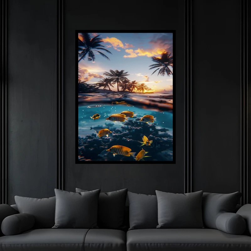 تابلو بکلیت طرح هنری مدرن منظره طبیعت دریا و ساحل و ماهی مدل B-bu6838 فریم مشکی